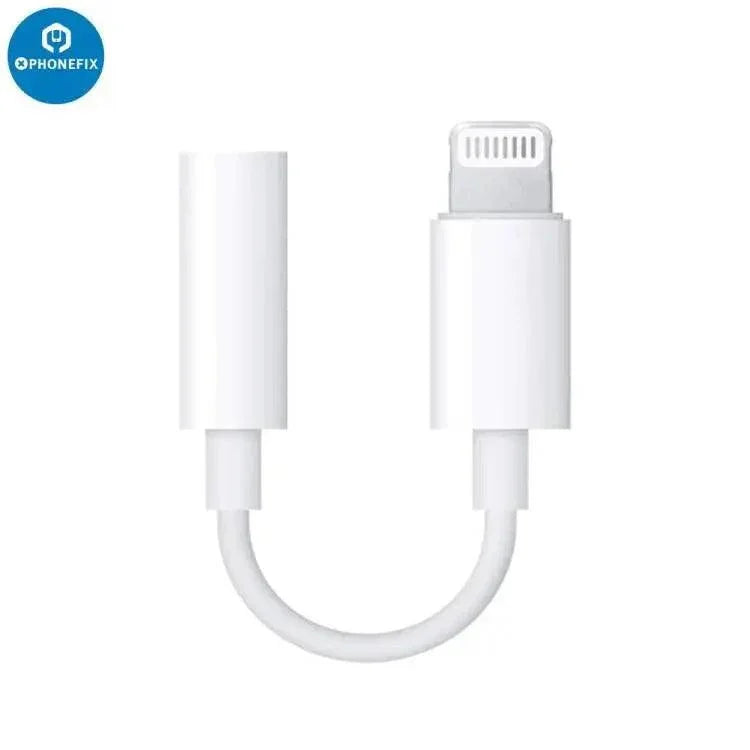 PHONEFIX Apple Lightning to 3.5mm headphone jack adapter connected to a smartphone, enabling headphone audio from Lightning port.