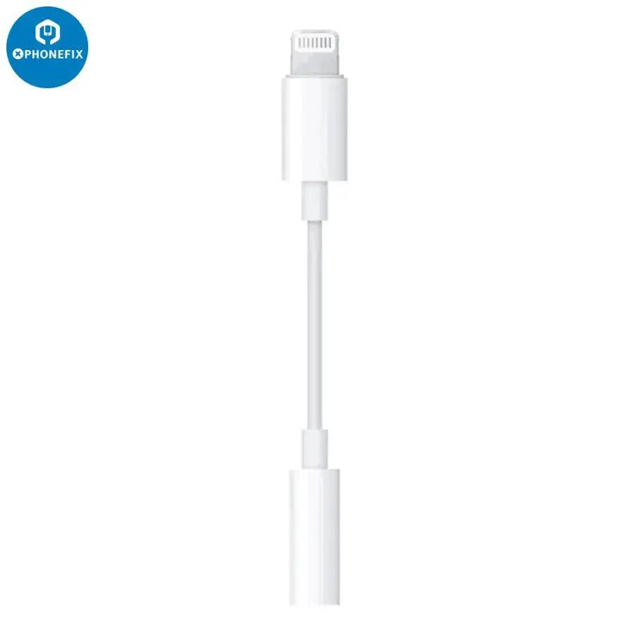 PHONEFIX Apple Lightning to 3.5mm headphone jack adapter for iPhone, compact USB charging and audio connection accessory.