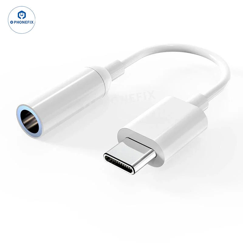 PHONEFIX Apple Lightning to 3.5mm headphone jack adapter for iPhone, USB charging and audio connection, compact and durable design.