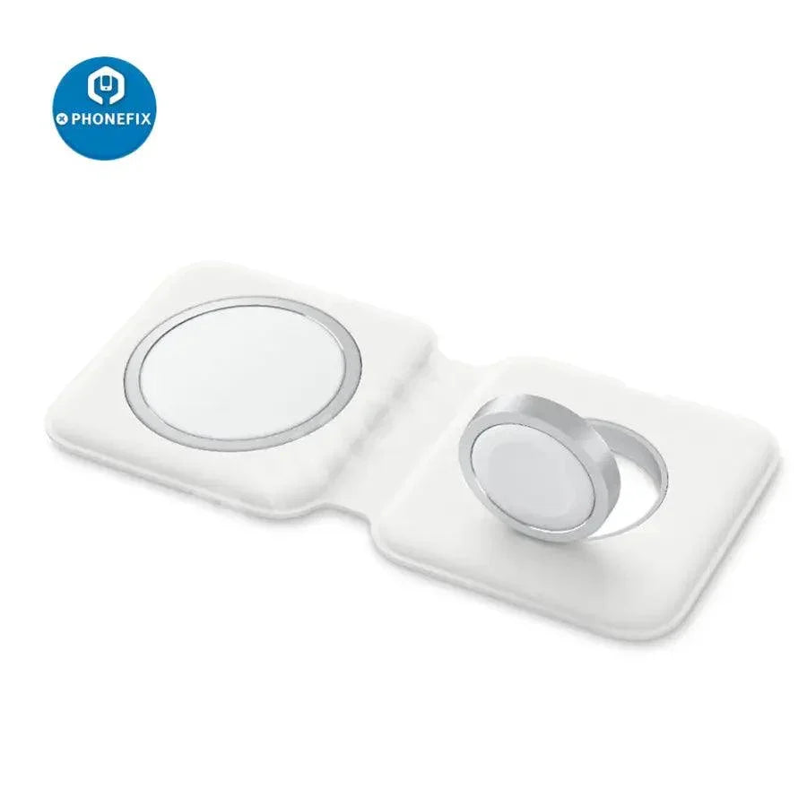PHONEFIX 3-in-1 MagSafe Duo wireless charger for iPhone, iWatch, and AirPods, showing device placement on the charging pads.