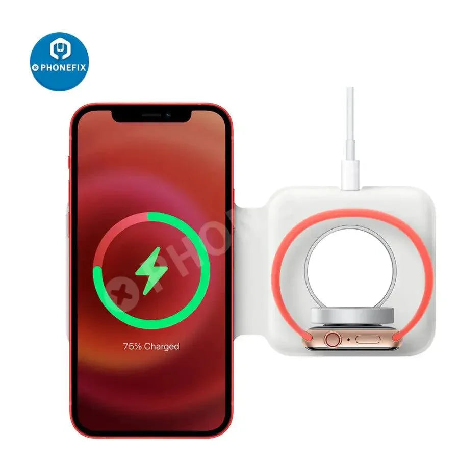 PHONEFIX 3-in-1 MagSafe Duo wireless charger for iPhone, iWatch, and AirPods, charging dock with dual wireless charging pads.