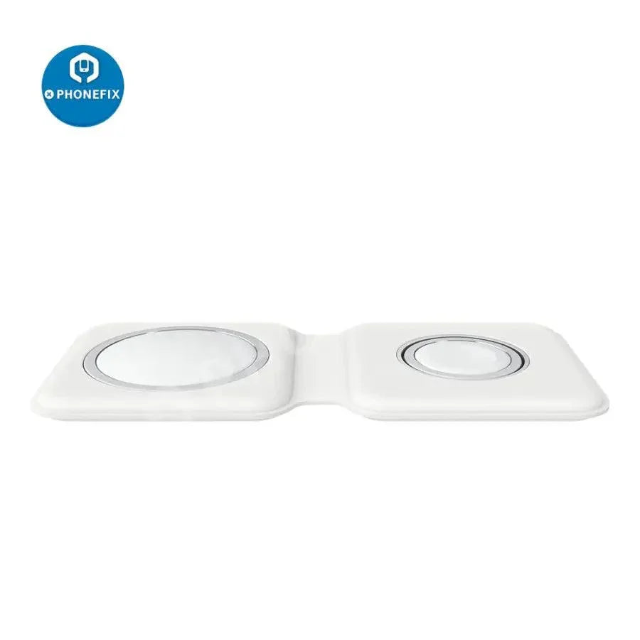 PHONEFIX 3-in-1 MagSafe Duo wireless charger for iPhone, iWatch, and AirPods, showing the compact charging station with devices attached.