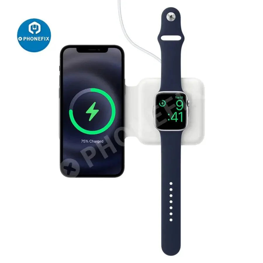 PHONEFIX 3-in-1 MagSafe Duo wireless charger for iPhone, iWatch, and AirPods with dual charging pads and USB connection.