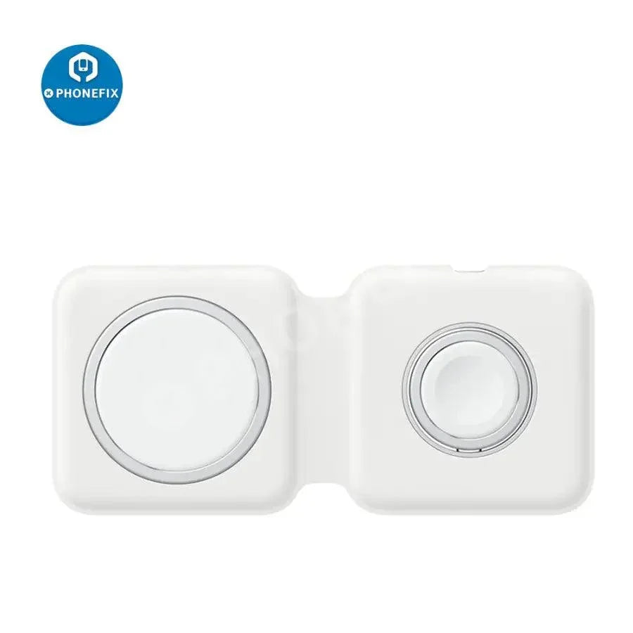 PHONEFIX 3-in-1 MagSafe Duo wireless charger for iPhone, iWatch, and AirPods, showing the sleek charging pads and device placement.