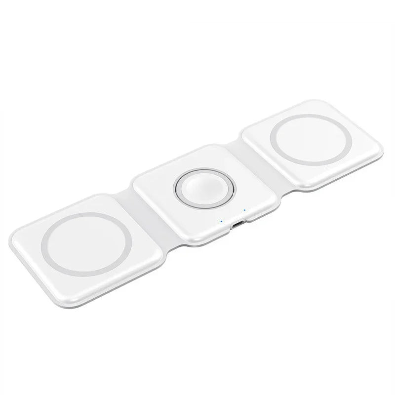 PHONEFIX 3-in-1 MagSafe Duo wireless charger for iPhone, iWatch, and AirPods, showing the compact charging station with devices attached.