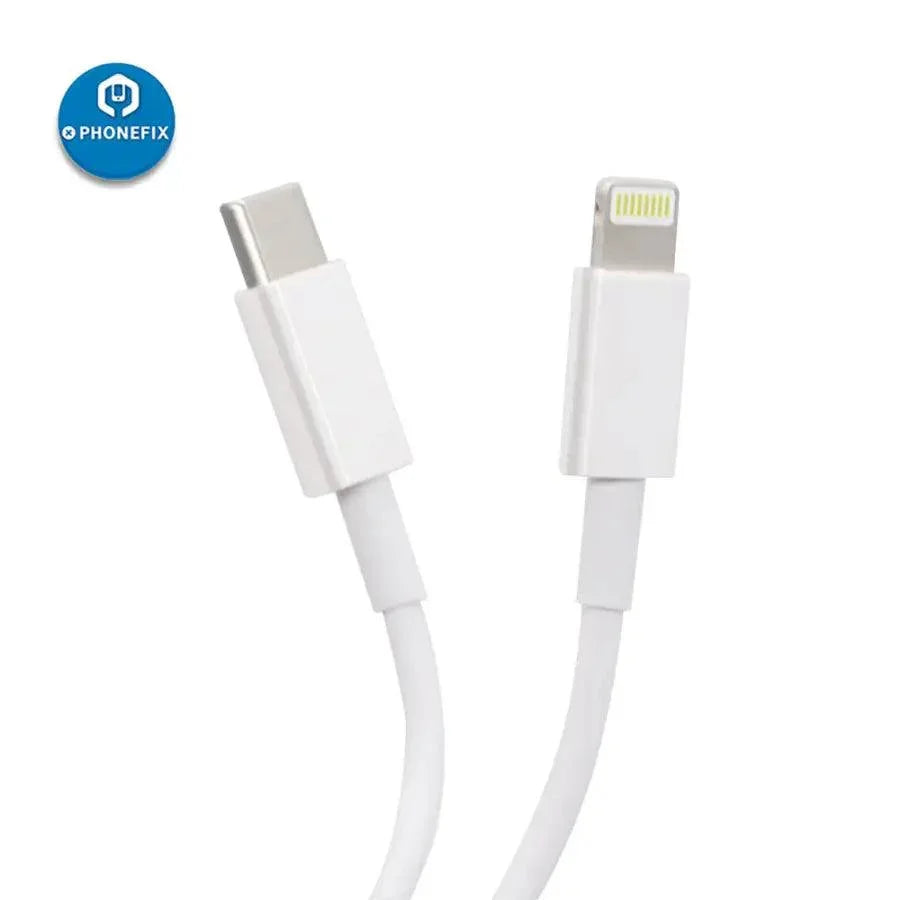 PhoneFIX USB C to Lightning charging cable for iPhone, iPad, and MacBook, showing the cable connected to devices.