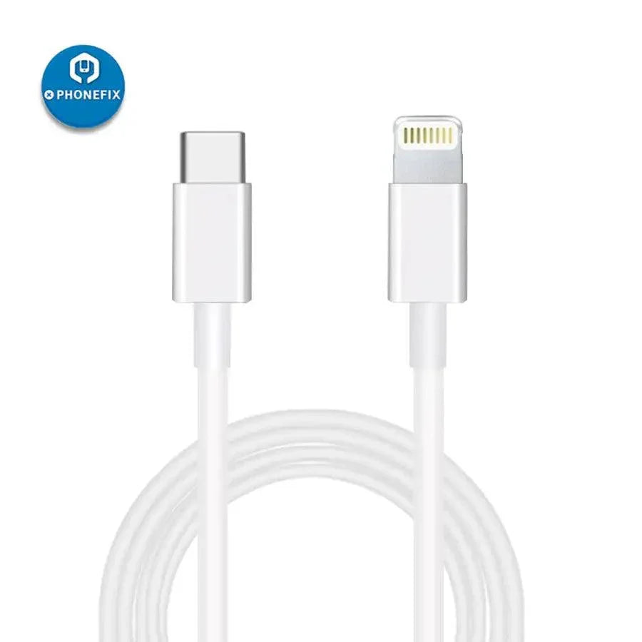 PhoneFIX USB C to Lightning charging cable for iPhone, iPad, and MacBook, showing the cable and connectors.