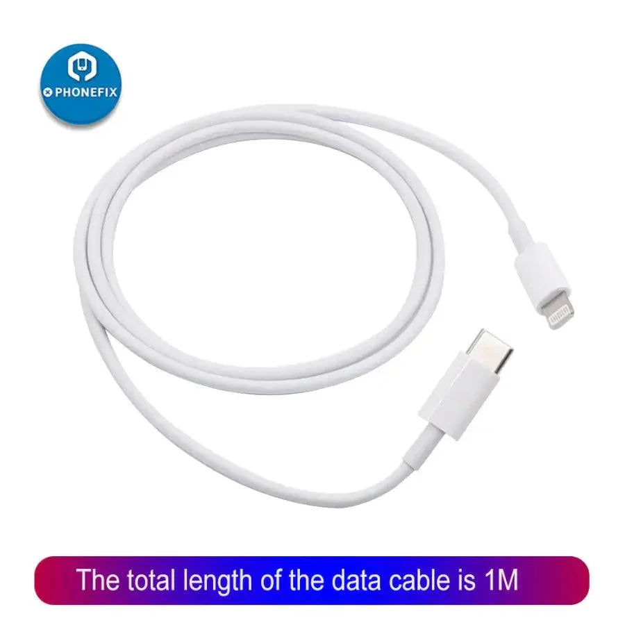 USB C to Lightning charging cable for iPhone, iPad, and MacBook by PHONEFIX, shown connected to Apple devices.