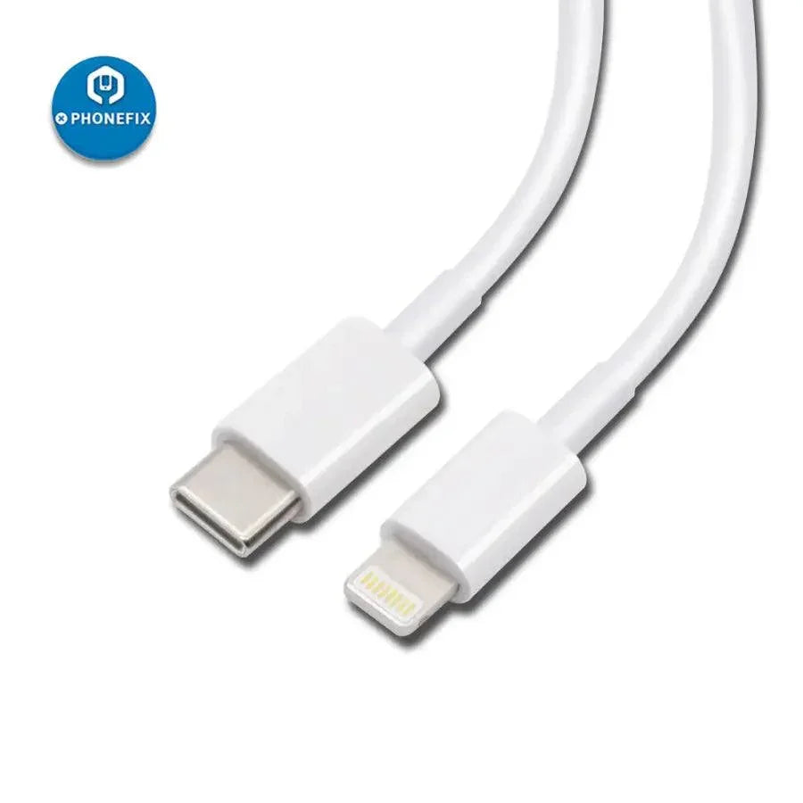 USB C to Lightning charging cable for iPhone, iPad, and MacBook by PHONEFIX, showing the cable connected to devices.