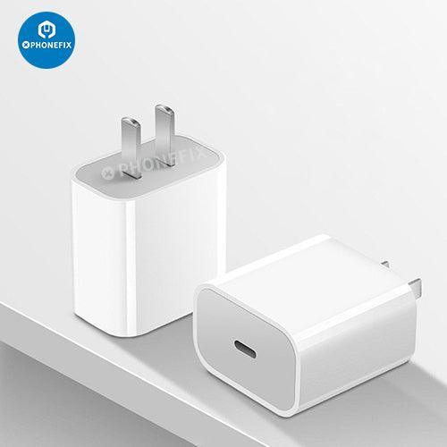 Adaptador de corriente USB-C PHONEFIX de 20 W con cable Lightning para iPhone y iPad, cargador USB de carga rápida para teléfono en color negro.