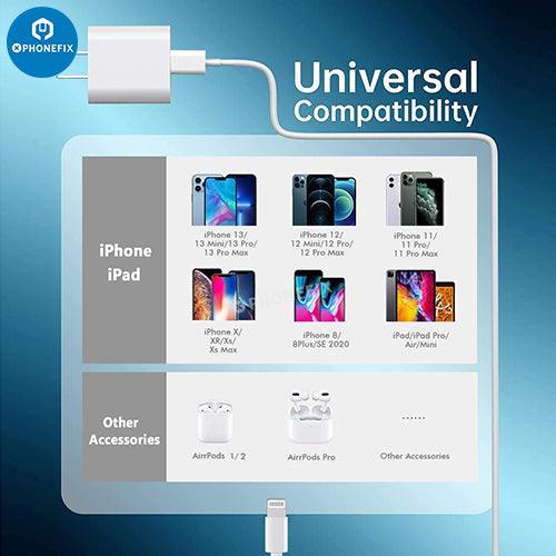 Adaptador de corriente USB-C PHONEFIX de 20 W con cable Lightning de carga rápida para iPhone y iPad, compatible con dispositivos Apple.