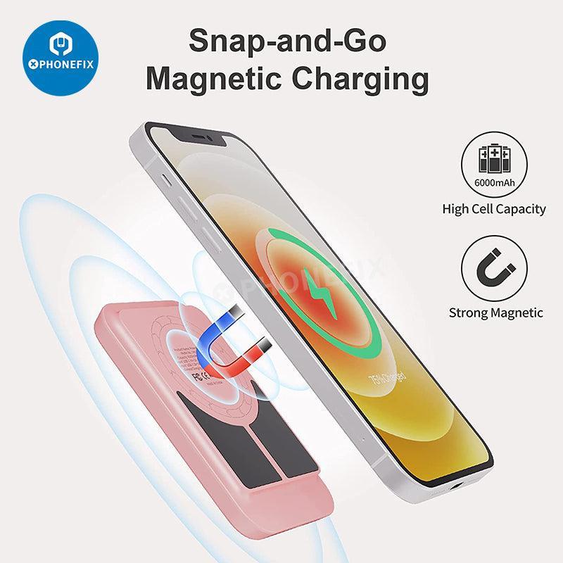 PHONEFIX MagSafe wireless charger with finger holder for iPhone 12-14 series, USB phone charging accessory, sleek and functional design.