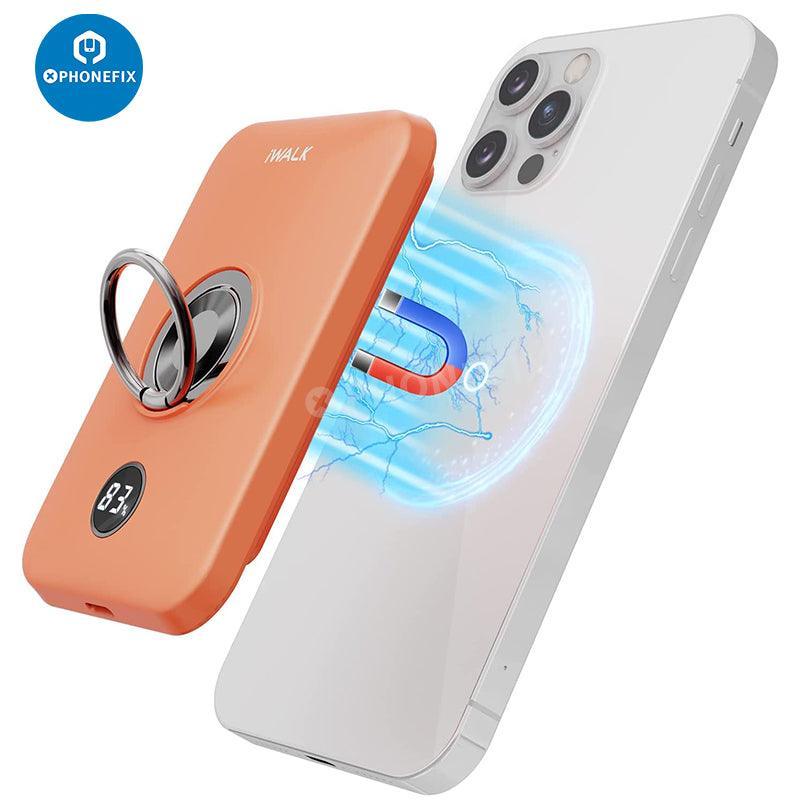 PHONEFIX MagSafe wireless charger with finger holder for iPhone 12-14 series, USB phone charging accessory, sleek and functional design.