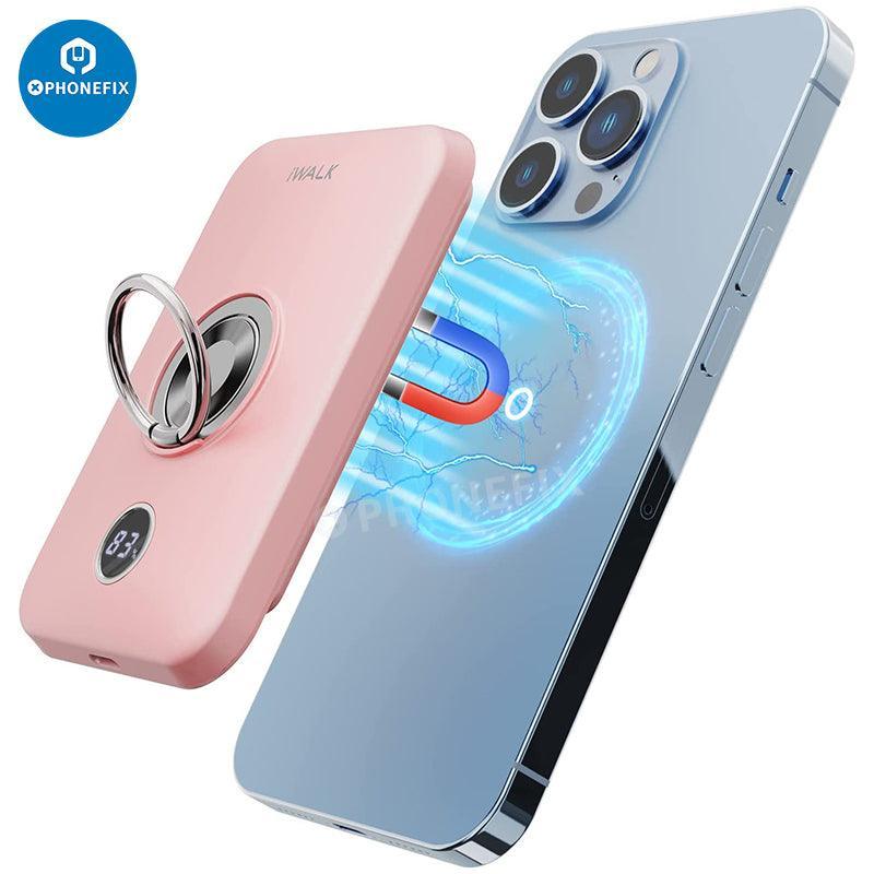 PHONEFIX MagSafe wireless charger with finger holder for iPhone 12-14 series, USB charging dock, sleek and functional design.