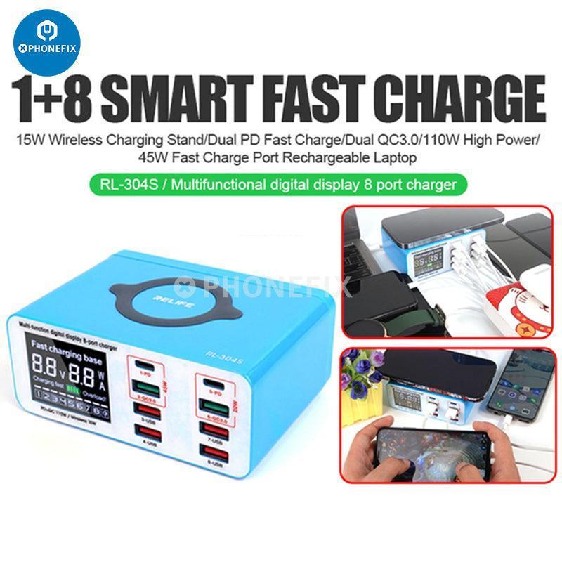PhoneFIX RL-304P/S multi-port USB fast charger hub with six ports, compatible with iPhone and Android devices.