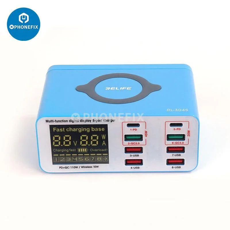 PhoneFIX RL-304P/S multi-port USB fast charger hub with six ports, compatible with iPhone and Android devices.