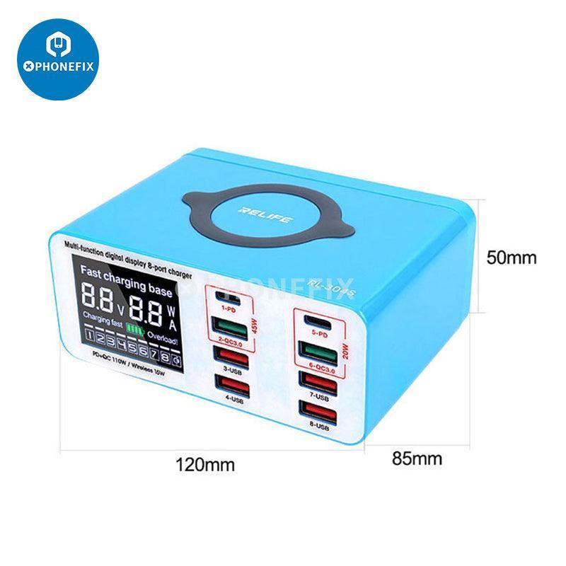 PhoneFIX RL-304P/S multi-port USB charger hub with 6 ports, QC 3.0 fast charging for iPhone and Android devices.
