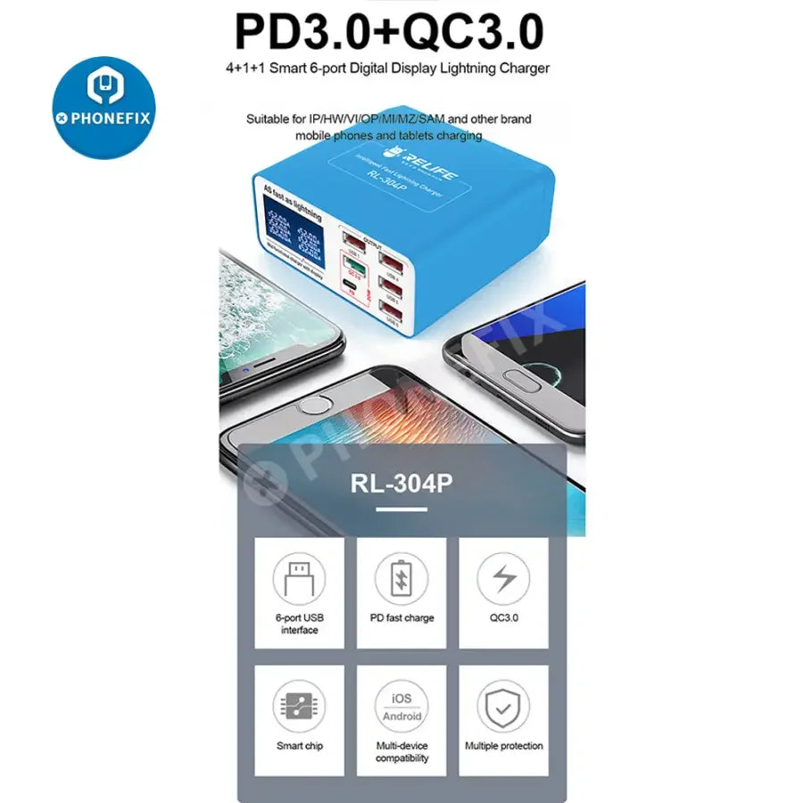 PhoneFIX RL-304P/S multi-port USB fast charger hub with six ports for iPhone and Android devices, featuring QC 3.0 fast charging.