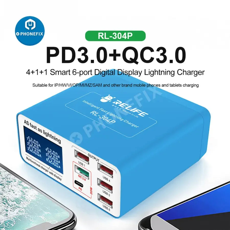 PHONEFIX RL-304P/S multi-port USB fast charger hub with six ports for iPhone and Android devices, featuring QC 3.0 fast charging.