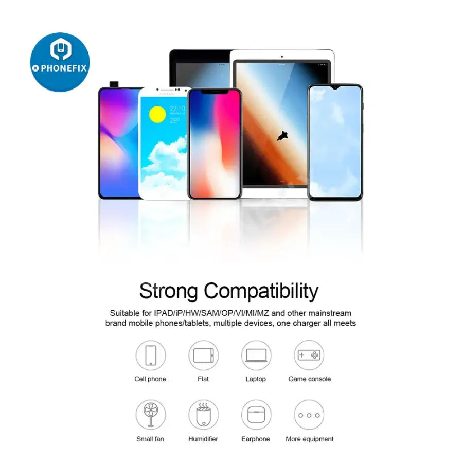 PHONEFIX RL-304P/S multi-port USB fast charger hub with six ports for iPhone and Android devices, supporting QC 3.0 fast charging.