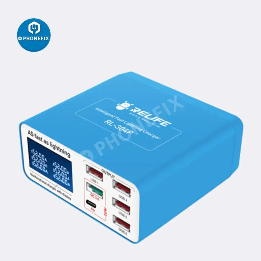 PHONEFIX RL-304P/S multi-port USB fast charger hub with six ports for iPhone and Android devices, featuring QC 3.0 fast charging.