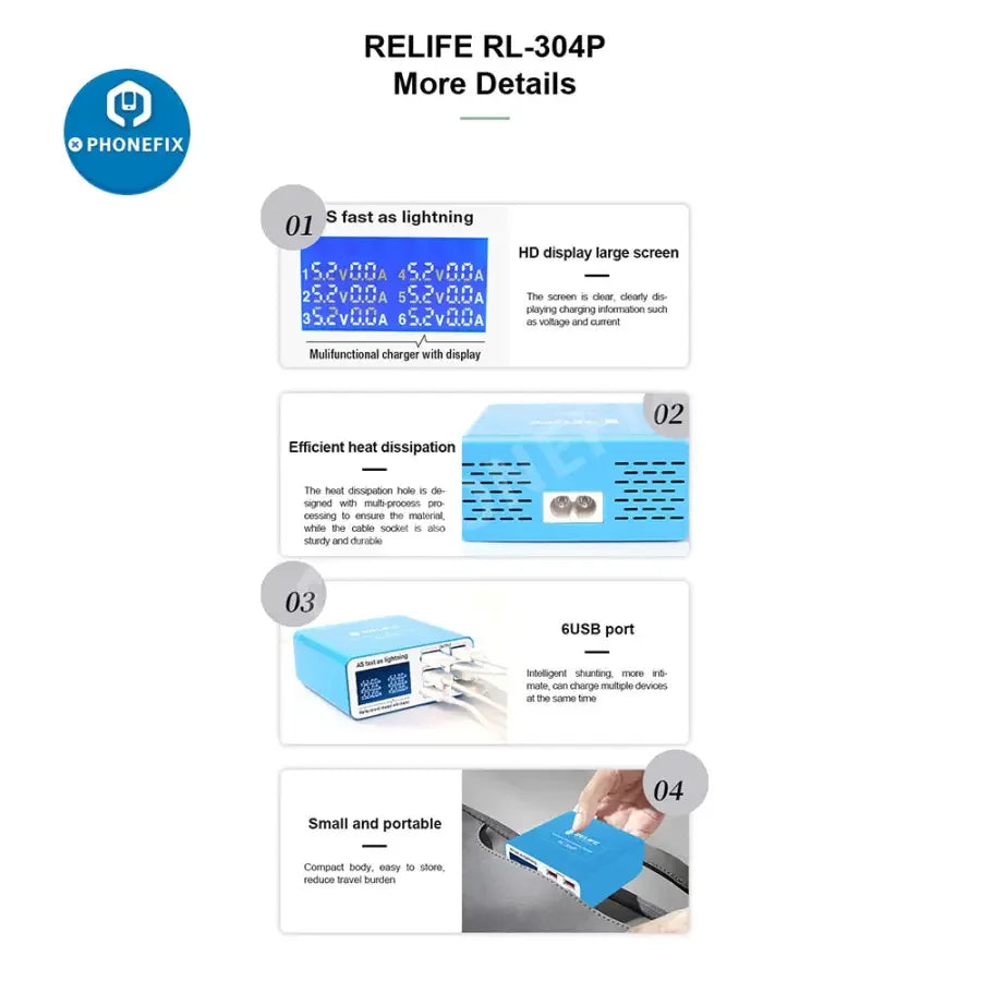 PHONEFIX RL-304P/S multi-port USB fast charger hub with six ports for iPhone and Android devices, featuring QC 3.0 fast charging.