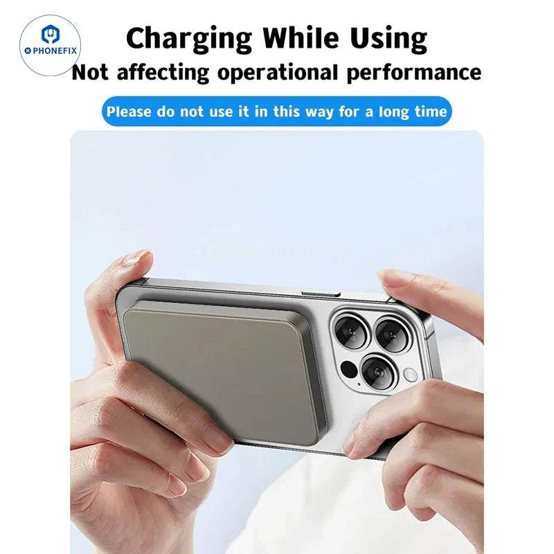 PHONEFIX titanium gold portable MagSafe magnetic wireless fast charger for iPhone 12-15PM with 5000mAh capacity, USB phone charging device.