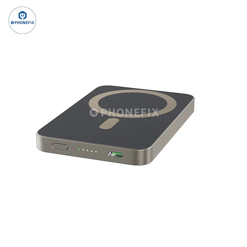 PHONEFIX portable MagSafe wireless charger for iPhone 12-15PM, titanium gold, 5000mAh USB power bank with magnetic fast charging.