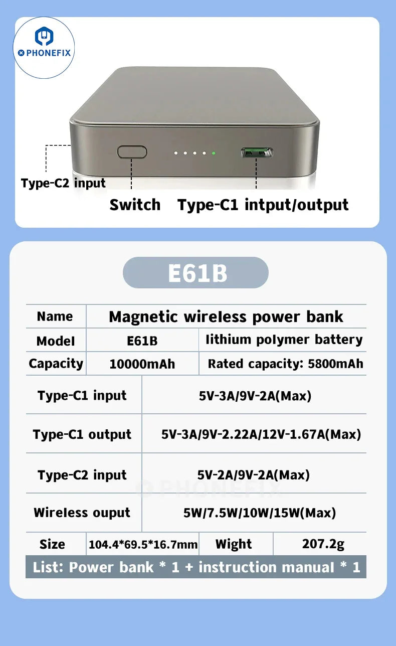 PhoneFIX portable MagSafe wireless fast charger in titanium gold, compatible with iPhone 12-15PM, with USB charging and 5000mAh capacity.