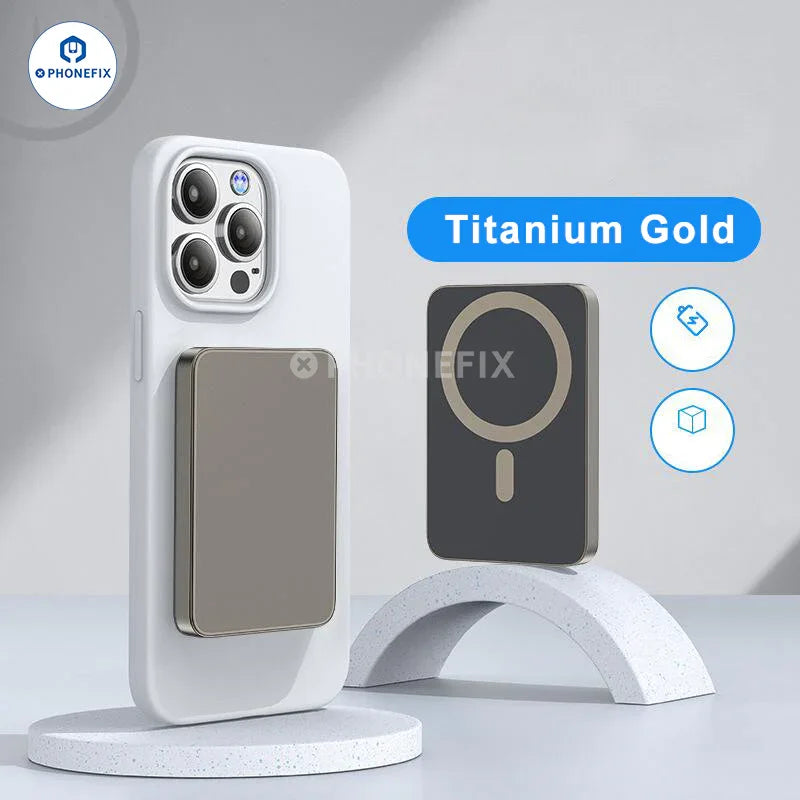 PhoneFIX portable MagSafe wireless charger for iPhone 12-15PM, titanium gold, 5000mAh USB power bank with magnetic fast charging.