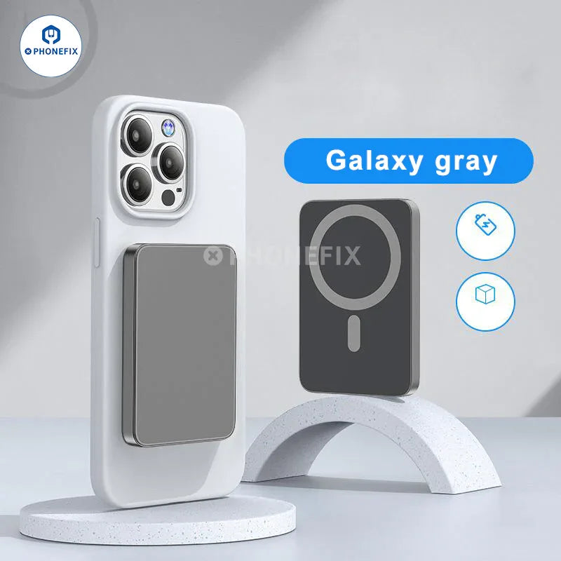 PhoneFIX titanium gold portable MagSafe wireless fast charger for iPhone 12-15PM, compact USB power bank with magnetic attachment.