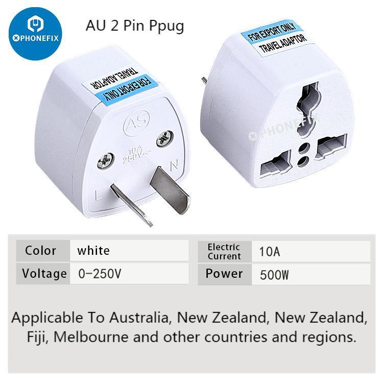 PHONEFIX universal charger converter AC power adaptor with US, UK, EU, AU plugs for phone USB charging.