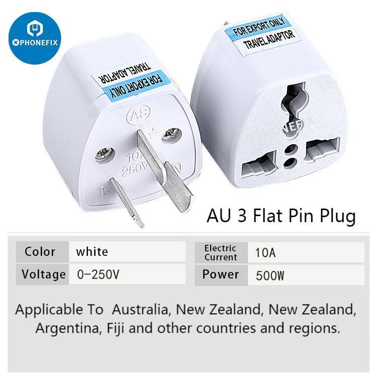 Convertisseur de chargeur universel PHONEFIX avec prises US, UK, EU et AU pour le chargement USB des téléphones, adaptateur secteur compact pour une utilisation internationale.