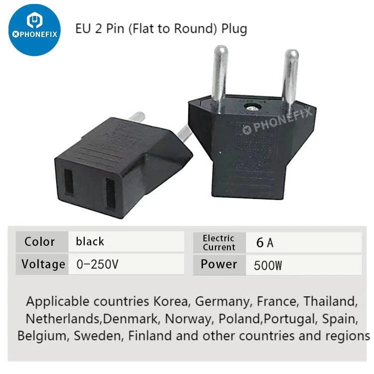 PHONEFIX Chargeur universel, convertisseur et adaptateur secteur avec prises US, UK, EU et AU pour le chargement USB des téléphones.
