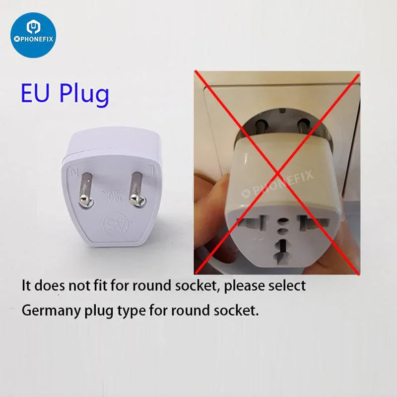 PHONEFIX Chargeur universel, convertisseur et adaptateur secteur avec prises US, UK, EU et AU pour le chargement USB des téléphones, compatible dans le monde entier.