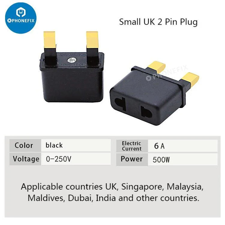 PHONEFIX Chargeur universel, convertisseur et adaptateur secteur avec prises US, UK, EU et AU pour le chargement USB des téléphones, offrant de multiples options de prises internationales.