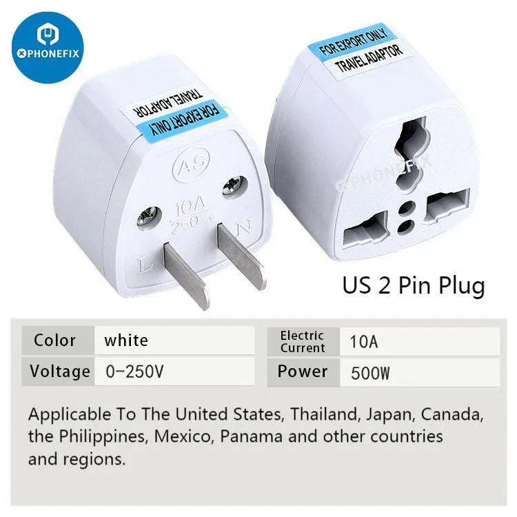 PHONEFIX Adaptateur secteur universel avec prises US, UK, EU et AU pour appareils de charge USB pour téléphones.