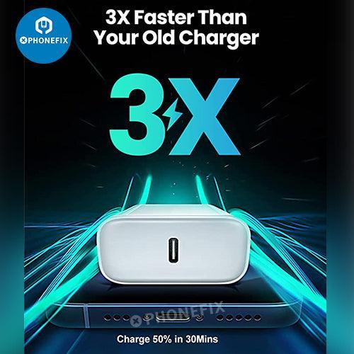 PhoneFIX USB Type-C fast wall charger for Apple Watch, iPhone, iPad AirPods, supporting 20/30W fast charging, compact design.