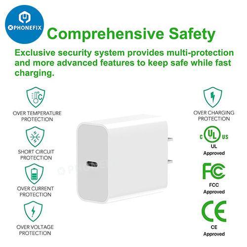 PHONEFIX 20/30W Type-C fast wall charger for Apple Watch, iPhone, iPad AirPods, with USB-C port for quick charging.