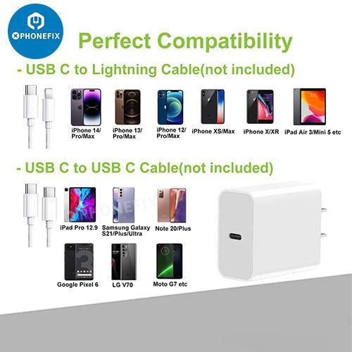 PhoneFIX 20/30W Type-C fast wall charger for Apple Watch, iPhone, iPad AirPods with USB-C port and sleek design.