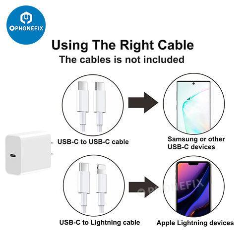 PhoneFIX 20/30W Type-C fast wall charger for Apple Watch, iPhone, iPad AirPods, with USB-C port for quick charging.