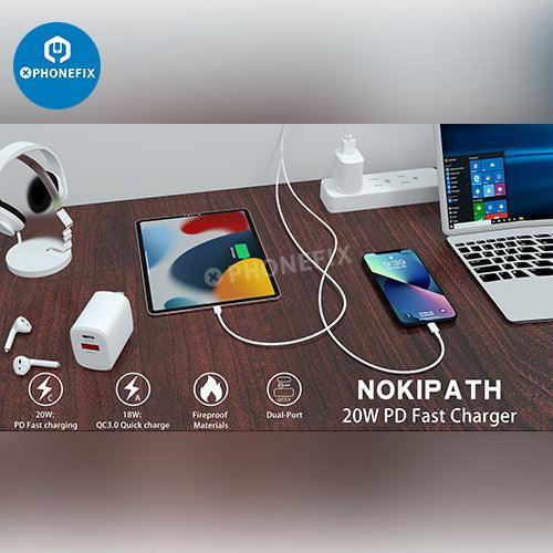 PhoneFIX 20/30W Type-C fast wall charger with USB port for Apple Watch, iPhone, iPad AirPods, compact and efficient charging device.