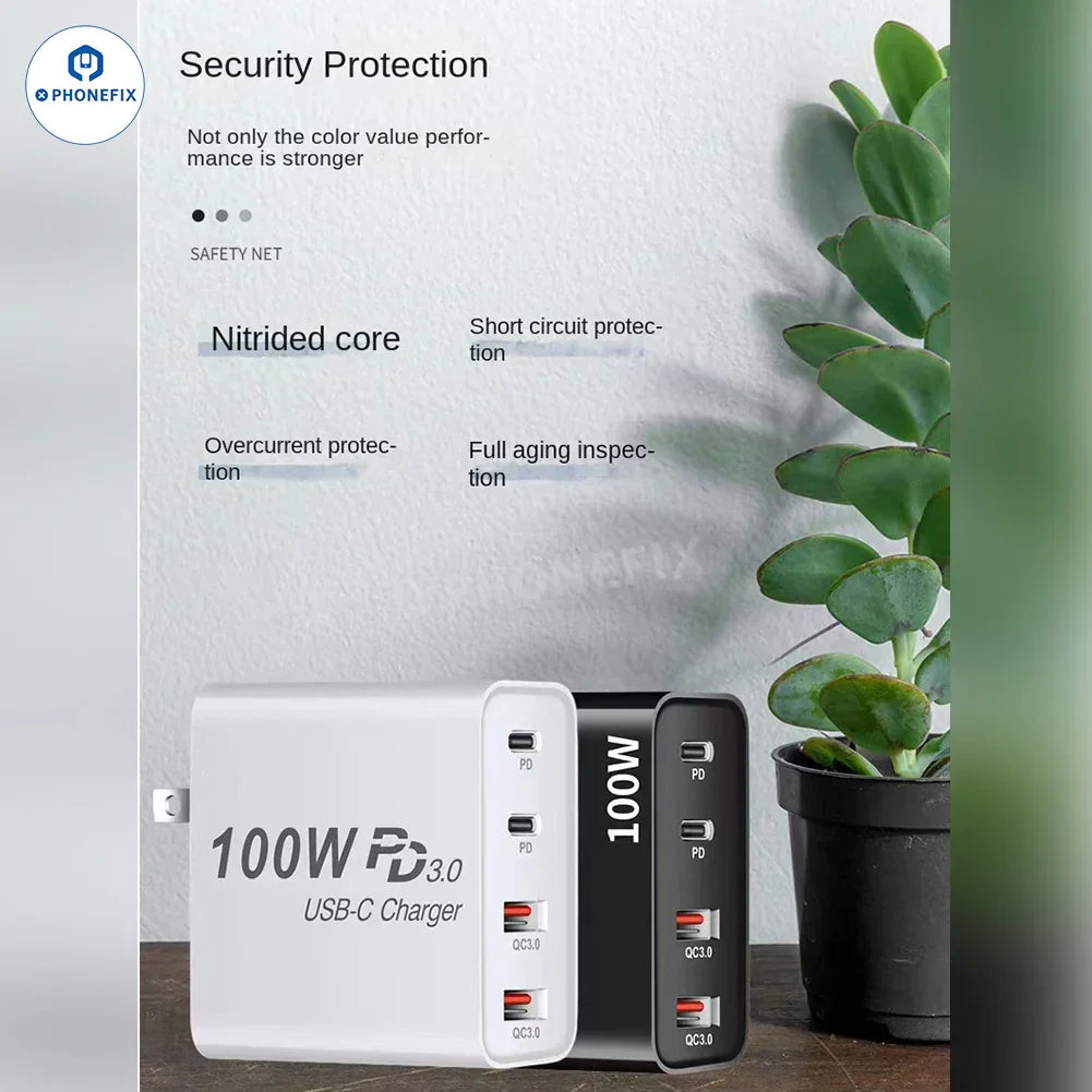 Chargeur PHONEFIX GaN PD-100W avec prise convertible, port USB-C pour une charge rapide des téléphones et des ordinateurs portables, conception compacte et légère.