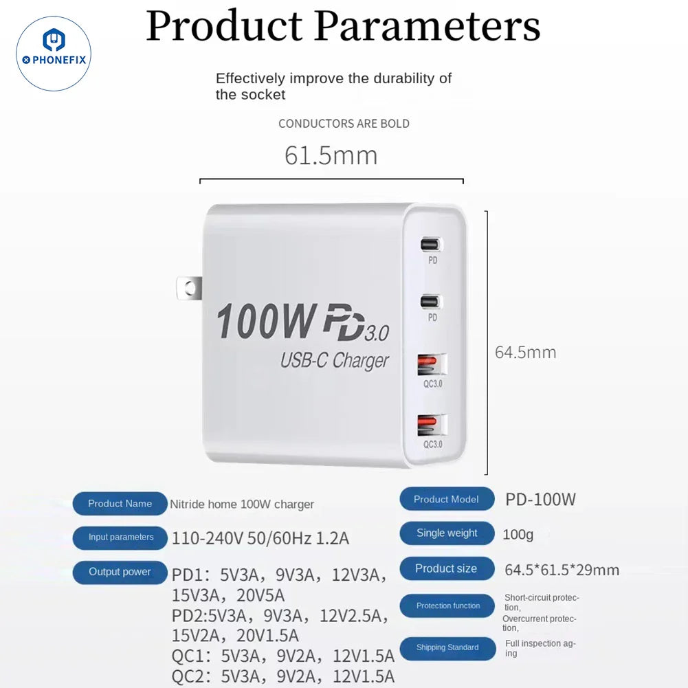 Chargeur PhoneFIX GaN PD-100W avec prise convertible, port USB-C pour une charge rapide des ordinateurs portables et des téléphones portables, compact et portable.