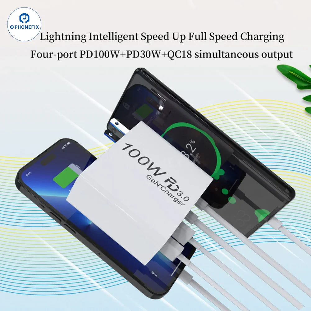 Chargeur PHONEFIX GaN PD-100W avec prise convertible, port USB-C, pour ordinateurs portables et téléphones portables, appareil de charge compact et polyvalent.