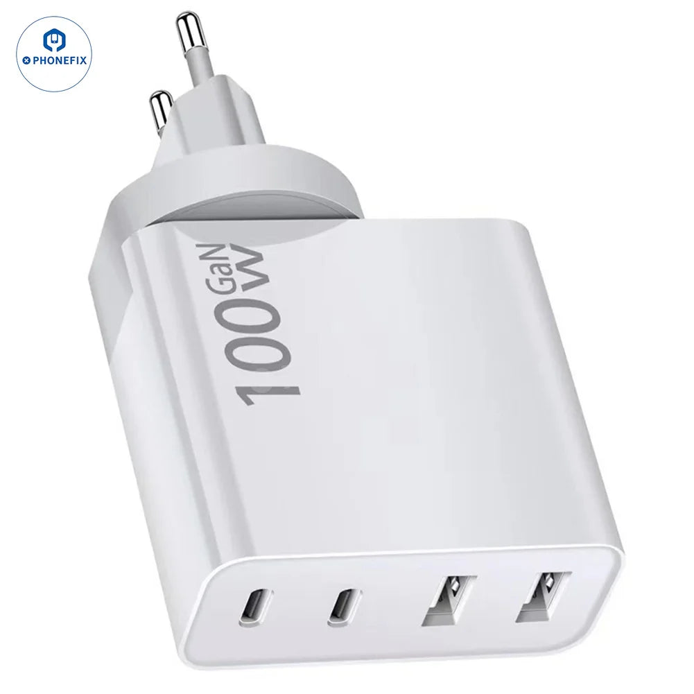 Chargeur PHONEFIX GaN PD 100W avec prise convertible et port USB-C pour une charge rapide des ordinateurs portables et des téléphones portables.