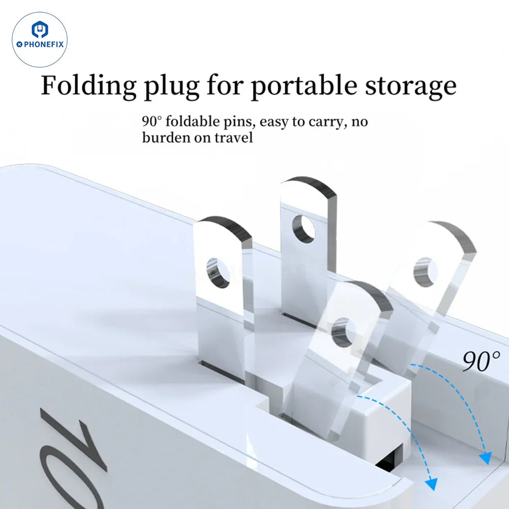 Chargeur USB PHONEFIX GaN PD-100W avec prise convertible pour ordinateurs portables et téléphones portables, présenté ici avec plusieurs ports de charge.