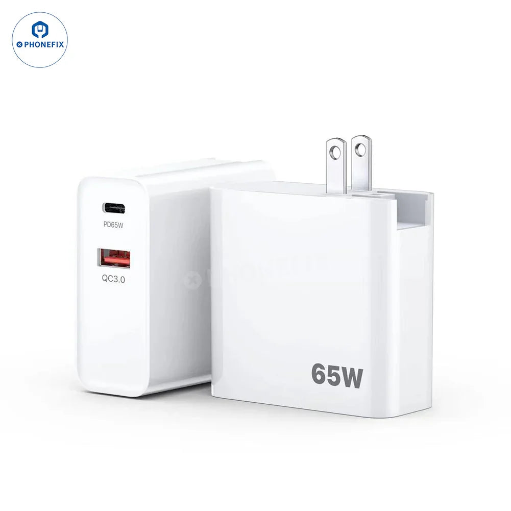 Chargeur PHONEFIX GaN PD-100W avec prise convertible et port USB-C pour une charge rapide des ordinateurs portables et des téléphones portables.