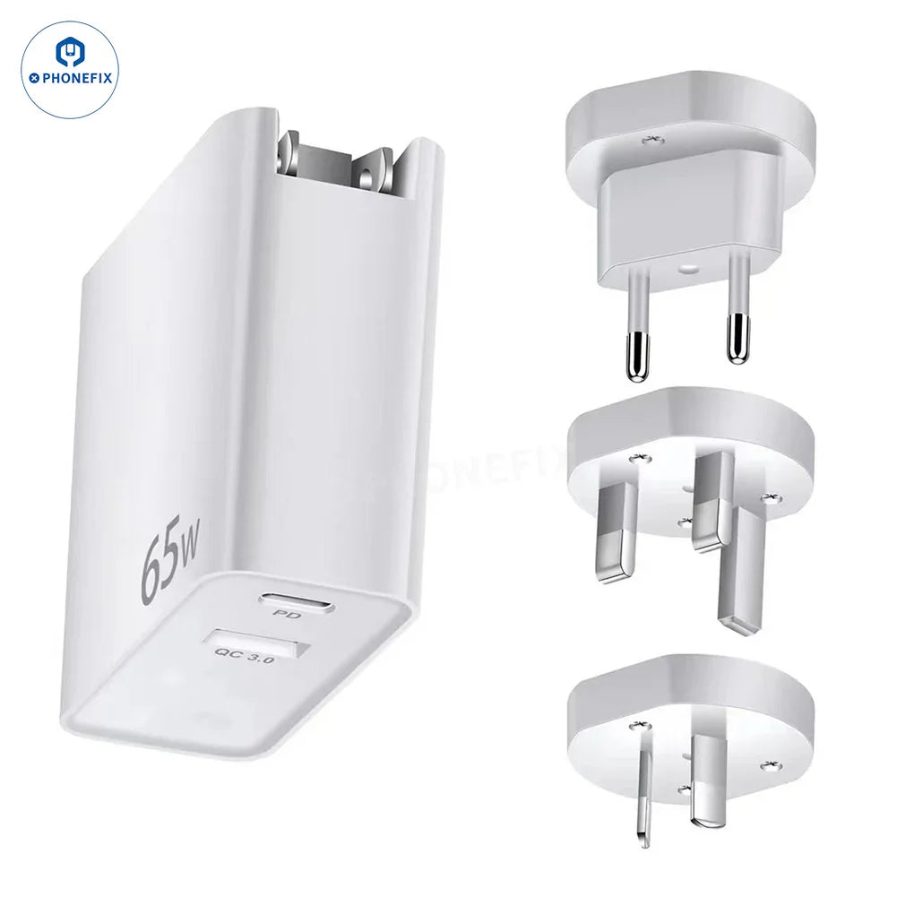 Chargeur USB PHONEFIX GaN PD-100W avec prise convertible pour ordinateurs portables et téléphones portables, présenté connecté à des appareils.