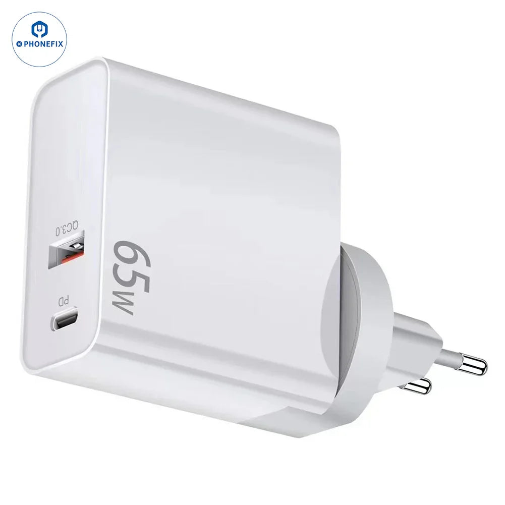 Chargeur PhoneFIX GaN PD-100W avec prise convertible pour ordinateurs portables et téléphones, port de chargement USB pour téléphone, conception compacte et efficace.